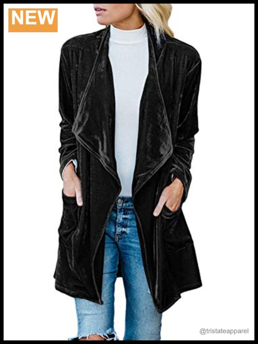Velvet Long Sleeve Open Front Cardigan Coat with Pockets